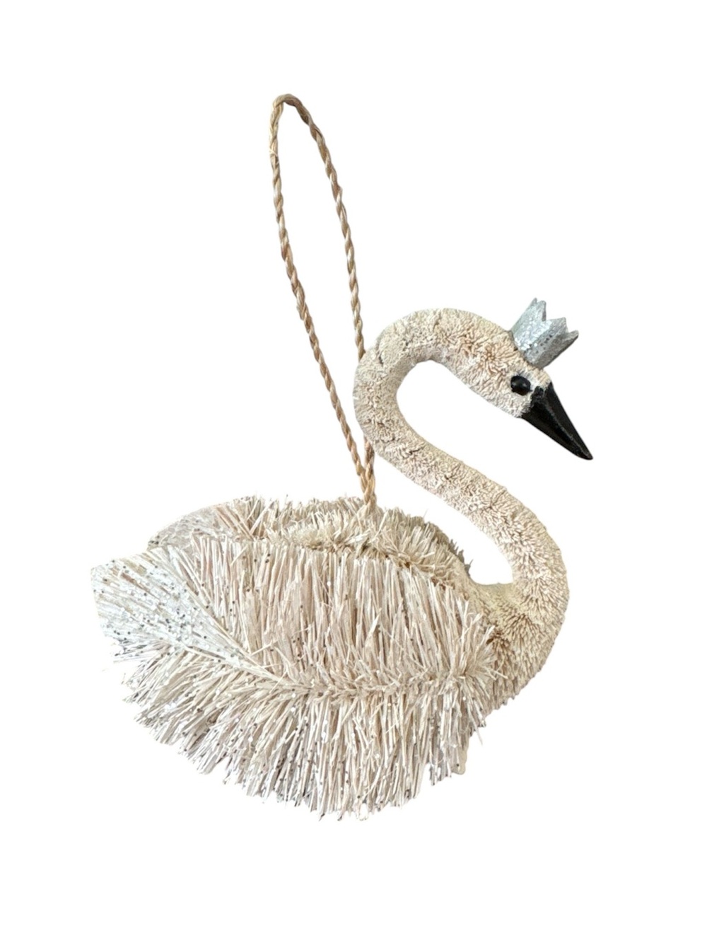 Pottery Barn Crowned Swan Ornament Natural Bottlebrush Glitter Holiday Gifts - Picture 4 of 7